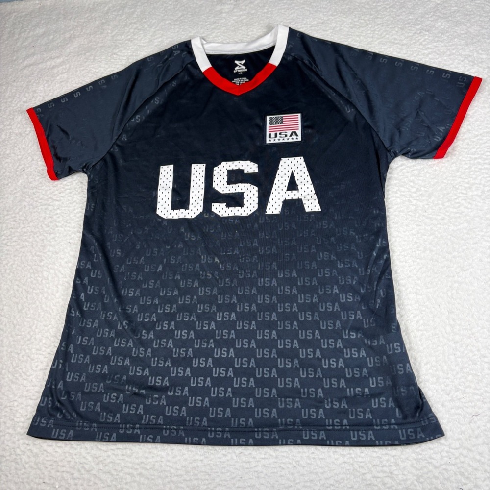 Striker Men's Large USA Blue, Red, White Short Sleeve Soccer Jersey